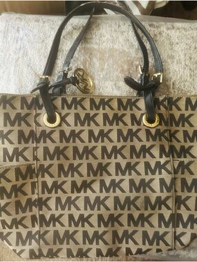 Michael Kors Tan and Brown MK Logo Tote with Gold Hardware